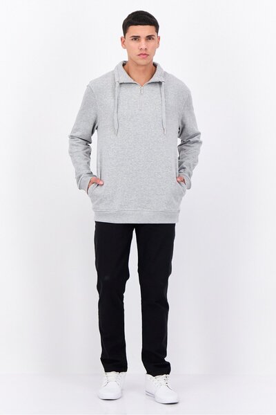 Blue Black Threads Men Mock Neck Heather Long Sleeves Sweatshirt, Light Grey