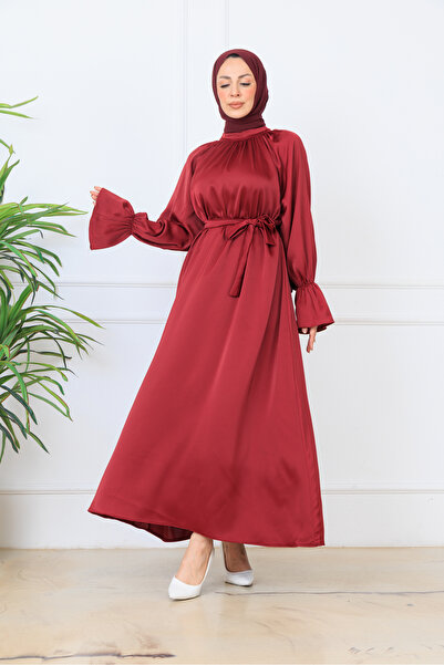 BARG FASHION Burgundy Satin Belted Flounce Sleeve Hijab Maxi Dress