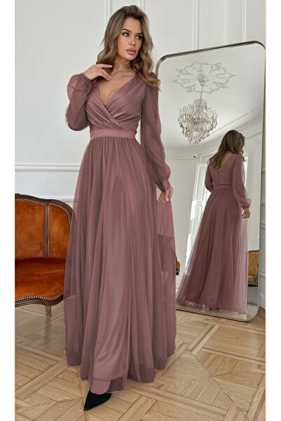 GENCULUS Women's Long Sleeve Double-Breasted Collar Waist Belted Tulle Long Imported Crepe Dress