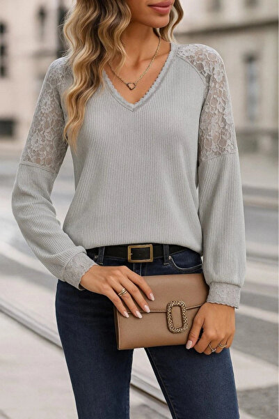 GENCULUS Women's Long Sleeve V Neck Lace Waffle Blouse