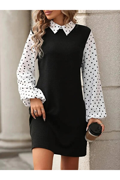 GENCULUS    Women's Long Sleeve Collared Sleeves and Lapel Polka Dot Detailed Imported Crepe Dress