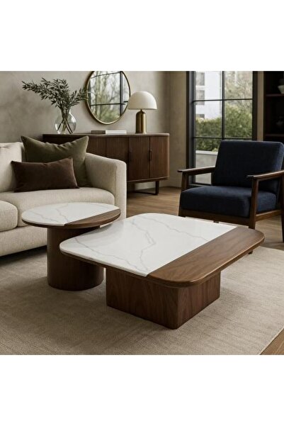 Palma homez Elegant table set with white marble top and wooden base