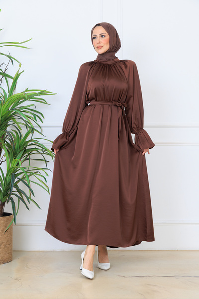 BARG FASHION Brown Satin Belted Flounce Sleeve Hijab Maxi Dress