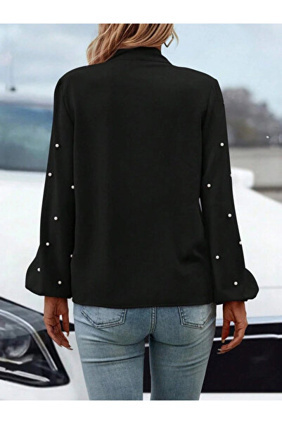 GENCULUS Women's Long Sleeve Bow Neck Pearl Imported Crepe Blouse