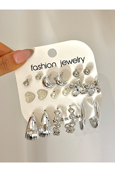 YOUES JEWELRY طقم أقراط مكون من 9 أزواج، طقم أقراط متعدد الألوان باللون الفضي