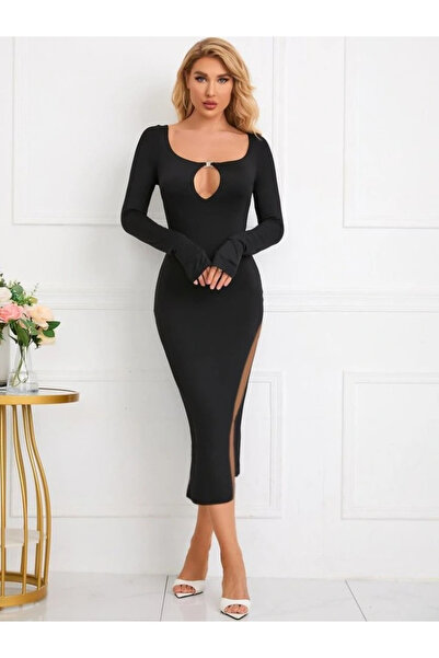 GENCULUS Women's Long Sleeve Collar Drop Detail Mini Accessory Slit Detail Crepe Dress