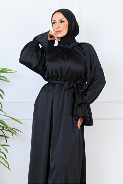 BARG FASHION Black Satin Belted Flounce Sleeve Hijab Maxi Dress