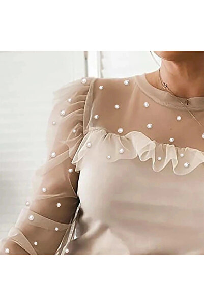 GENCULUS Women's Long Sleeve Sleeve And Collar Tulle And Pearl Detail Viscose Blouse