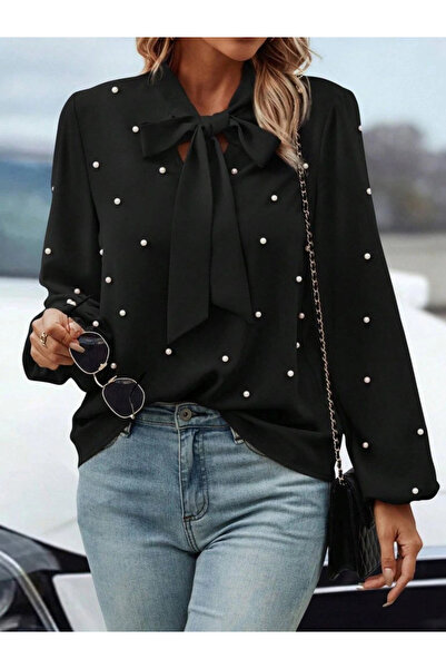 GENCULUS Women's Long Sleeve Bow Neck Pearl Imported Crepe Blouse