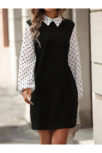 GENCULUS    Women's Long Sleeve Collared Sleeves and Lapel Polka Dot Detailed Imported Crepe Dress