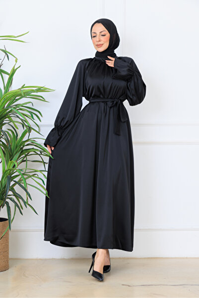 BARG FASHION Black Satin Belted Flounce Sleeve Hijab Maxi Dress