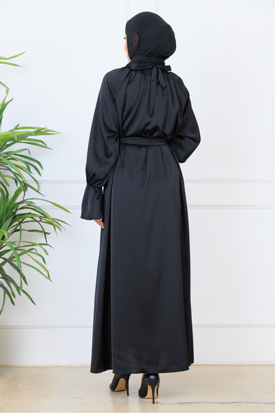 BARG FASHION Black Satin Belted Flounce Sleeve Hijab Maxi Dress