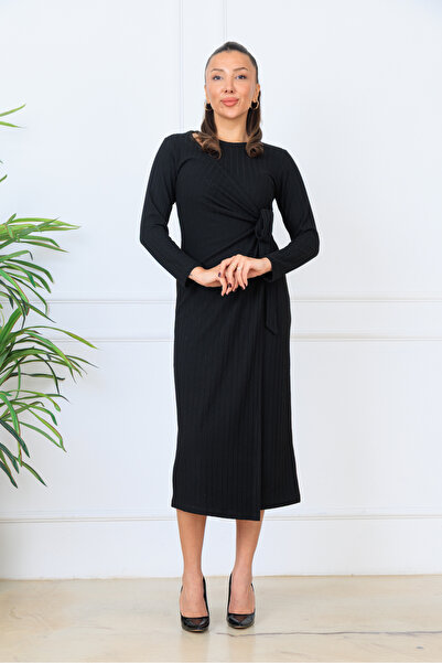 BARG FASHION Black Ribbed Knitwear Side Tie Long Sleeve Midi Dress