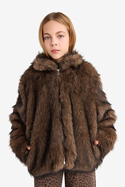 DeFacto Girl's Mock Neck Zipper Faux Faux Fur Coat G2763A825Wn