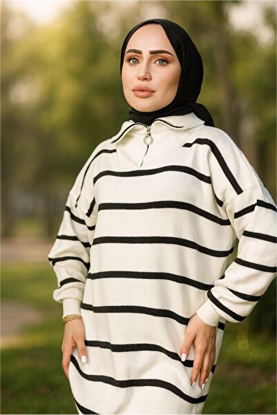 TRENDTESETTÜR Women's Black Striped Knit Tunic t 1208-1