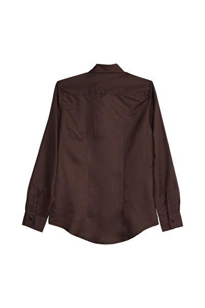 Tudors Women's Slim Fit slim fit body fitting long sleeve brown basic shirt with hidden button detail