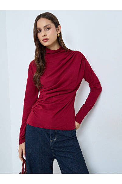 Take Two By Styli High Neck Ruching Detail Long Sleeve Top