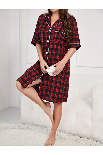 Take Two By Styli Women's Plus Size Checked Button Up Short Sleeve Knee Length Shirt Nightdress