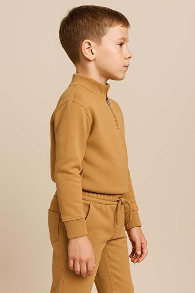 Mcrkids Unisex Half-Zipper, Half-Zipper 3 Thread Thick Winter Tracksuit Set Beige