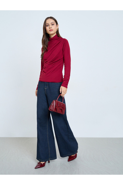 Take Two By Styli High Neck Ruching Detail Long Sleeve Top