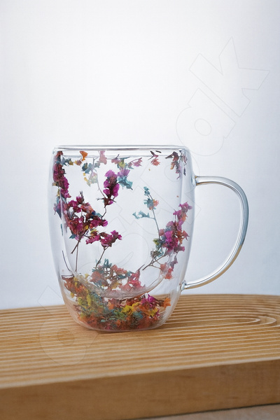 Destpak 350 ml Ribbed Glass - Floral Double Wall Glass - Hand-Resistant Glass Cup Borosilicate Heat Resistant