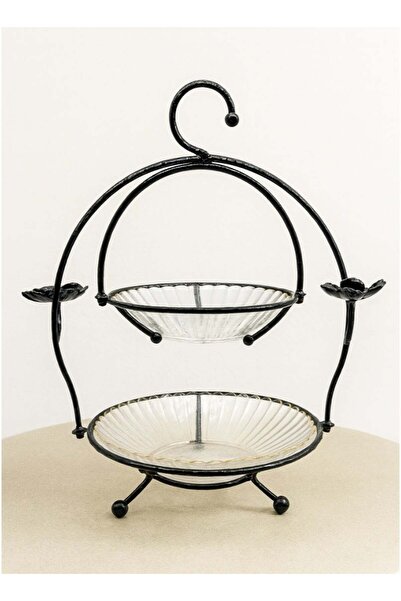 ALQANNAS حامل حلوى زجاجي كريستالي مزدوج الطبقات بإطار معدني - أسود مع حواف ذهبية