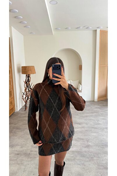 Gaus Black Diamond Patterned Sweater Skirt Equivalent Knitwear Set Gaus-00778