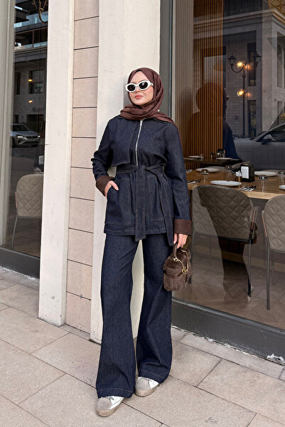 LOCCO Women's Sleeves Suede Detail Suit Navy Blue