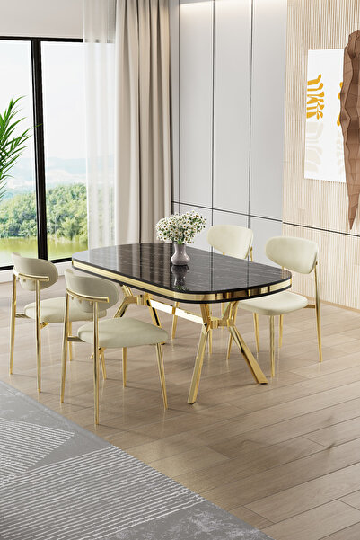 Canisa Olya Serisi 90x168 Lak Panel Sonata Masa Takımı Gold Ayaklı 4 Krem San...