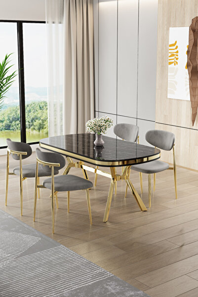 Canisa Olya Serisi 90x168 Lak Panel Sonata Masa Takımı Gold Ayaklı 4 Gri Sand...