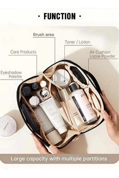 Generic Large Capacity Travel Cosmetic Bag, Waterproof PU Leather, Double-Layer, Handle, Brush Holders