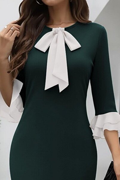 Mossta Bow Collar Flounce Sleeve Midi Imported Crepe Dress - Green