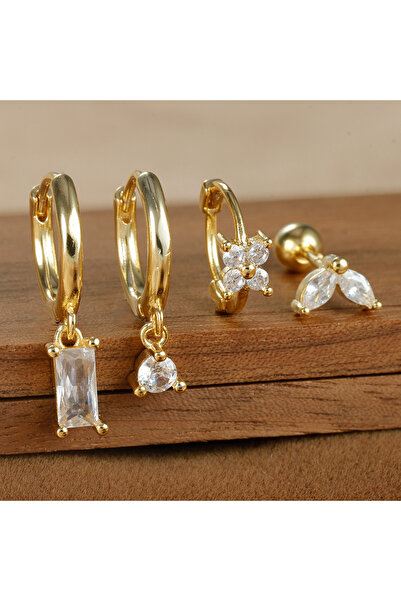 Choice E1608-Gold-White 4PCS Stainless Steel Four Zircons Flower Pendant Hoop Earrings Set for Women Cartil