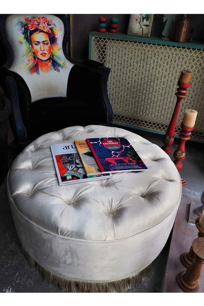 RENDORA MOBİLYA Beyaz kapitoneli Puf Sehpa