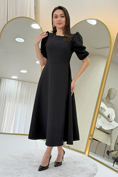 zks grup tekstil Women's Balloon Sleeve Midi Length Flared Dress Black, Burgundy