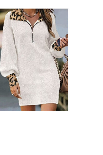 Genel Markalar Beyaz Mini Triko Elbise Hayvan Desenli