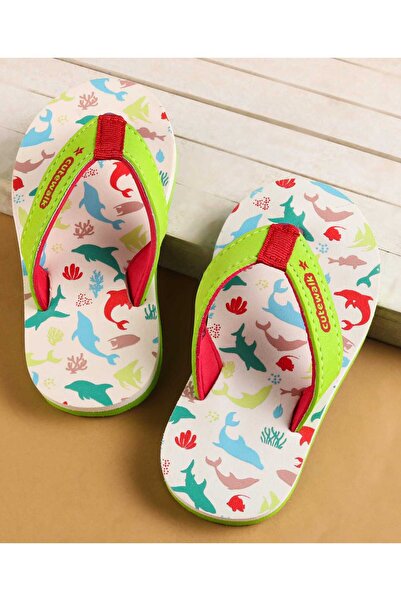 Cute Walk by Babyhug Slip on Flip Flops with Sea Life Print - Light Green & O...