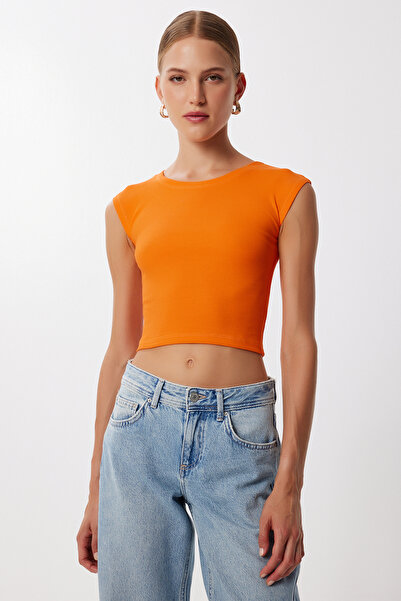 Lovelyİstanbul Basic Corded Fabric Knitted Crop Blouse Lmx0122 Orange