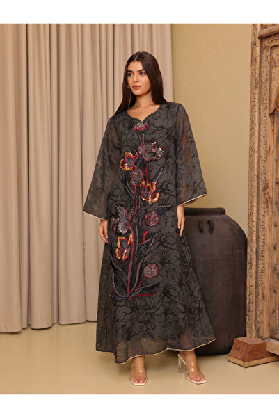 IKKXA Elegant Sequin Floral Applique Jalabiya