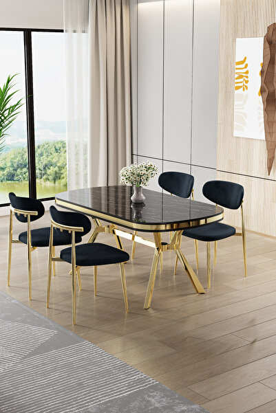 Canisa Olya Serisi 90x168 Lak Panel Sonata Masa Takımı Gold Ayaklı 4 Antrasit...