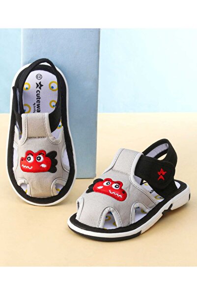 Cute Walk by Babyhug Sandals With Velcro Closure & Animal Patch - Black/Grey