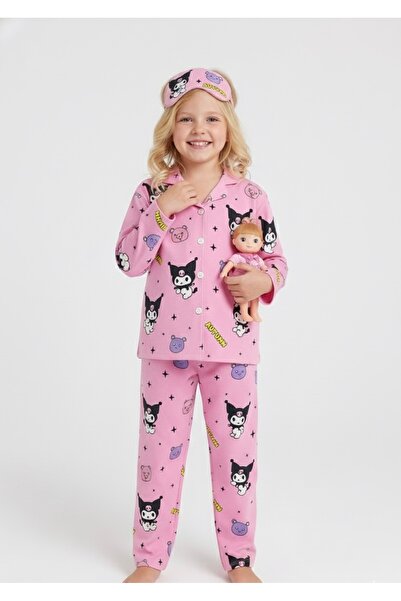 Beka Kids Kuromi Patterned Long Sleeve Buttoned Front Shirt Collar Girls' Pajama Set 100% Cotton and Eye Patch
