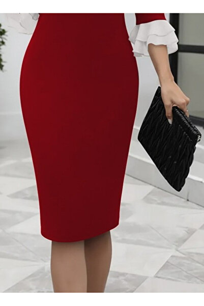 JANES Women's Three Quarter Sleeve Bow Collar Midi Imported Crepe Dress