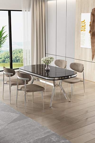 Canisa Olya Serisi 90x168 Lak Panel Sonata Masa Takımı Krom Ayaklı 4 Cappucin...