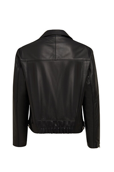 Derimod Vanessa Women Black Shirt Collar Short Oversized Leather Jacket 25Wgd5325U4