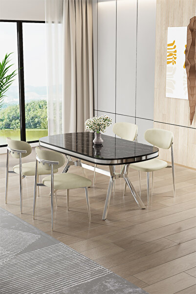 Canisa Olya Serisi 90x168 Lak Panel Sonata Masa Takımı Krom Ayaklı 4 Krem San...