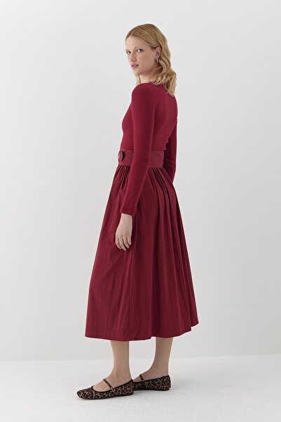 MARKALİSTE Long Sleeve Ribbed Knit Dress Burgundy
