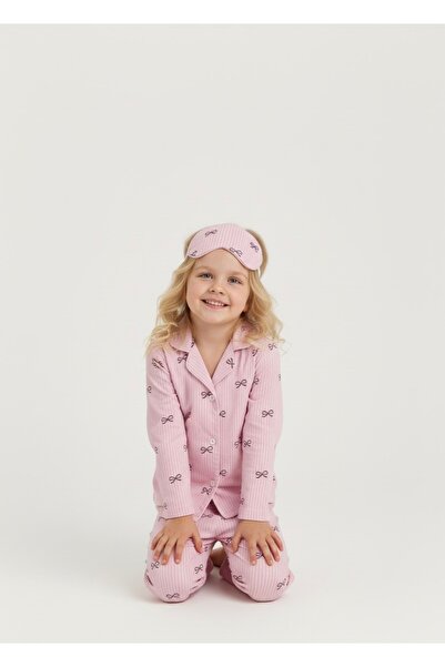 Beka Kids Ribbon Patterned Long Sleeve Buttoned Front Shirt Collar Girls' Pajama Set 100% Cotton and Glasses
