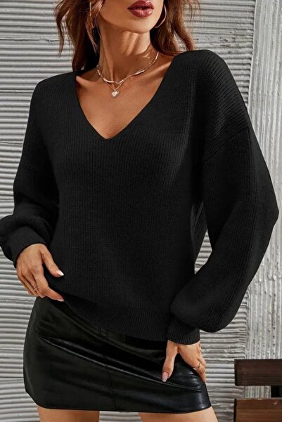 Mossta V-Neck Knitwear Blouse - Black