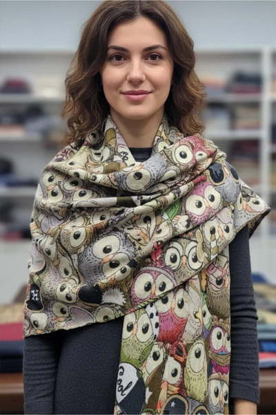 Cashmere BAYKUŞ FİGÜRLÜ YÜNLÜ OMUZ ŞALI-Yeşil